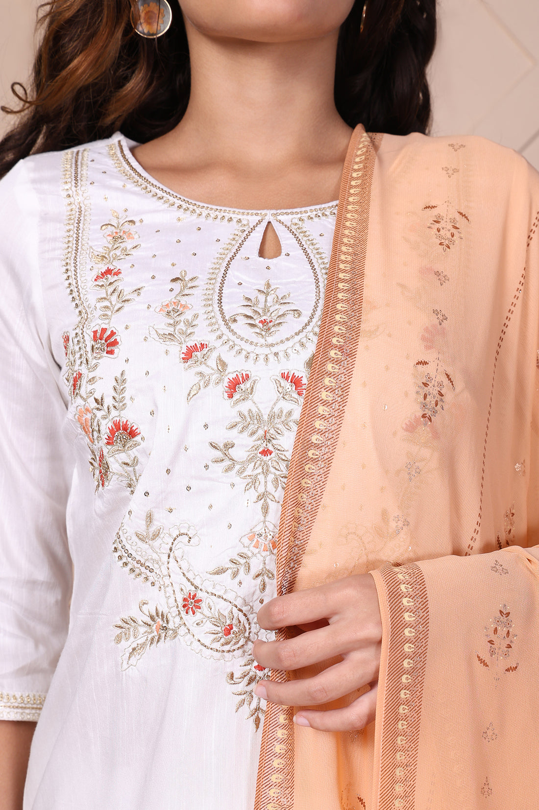 White Embroidered Straight Kurta with Trouser and Dupatta Set