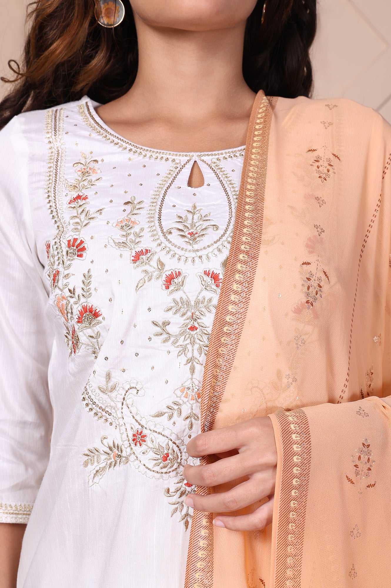 White Embroidered Straight Kurta with Trouser and Dupatta Set