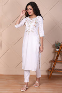 White Embroidered Straight Kurta with Trouser and Dupatta Set