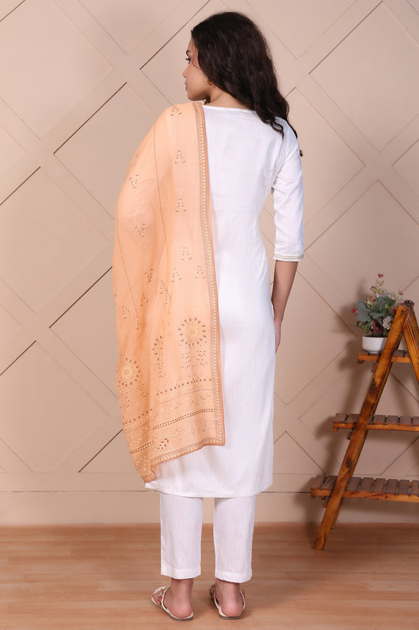 White Embroidered Straight Kurta with Trouser and Dupatta Set