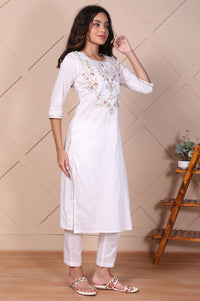 White Embroidered Straight Kurta with Trouser and Dupatta Set