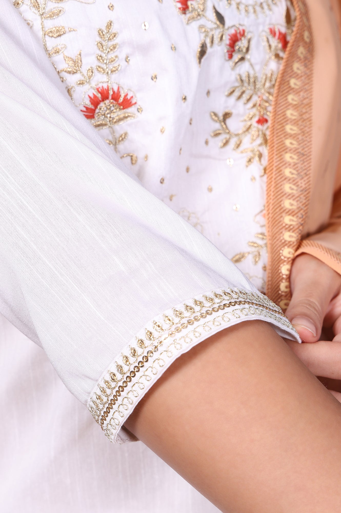 White Embroidered Straight Kurta with Trouser and Dupatta Set