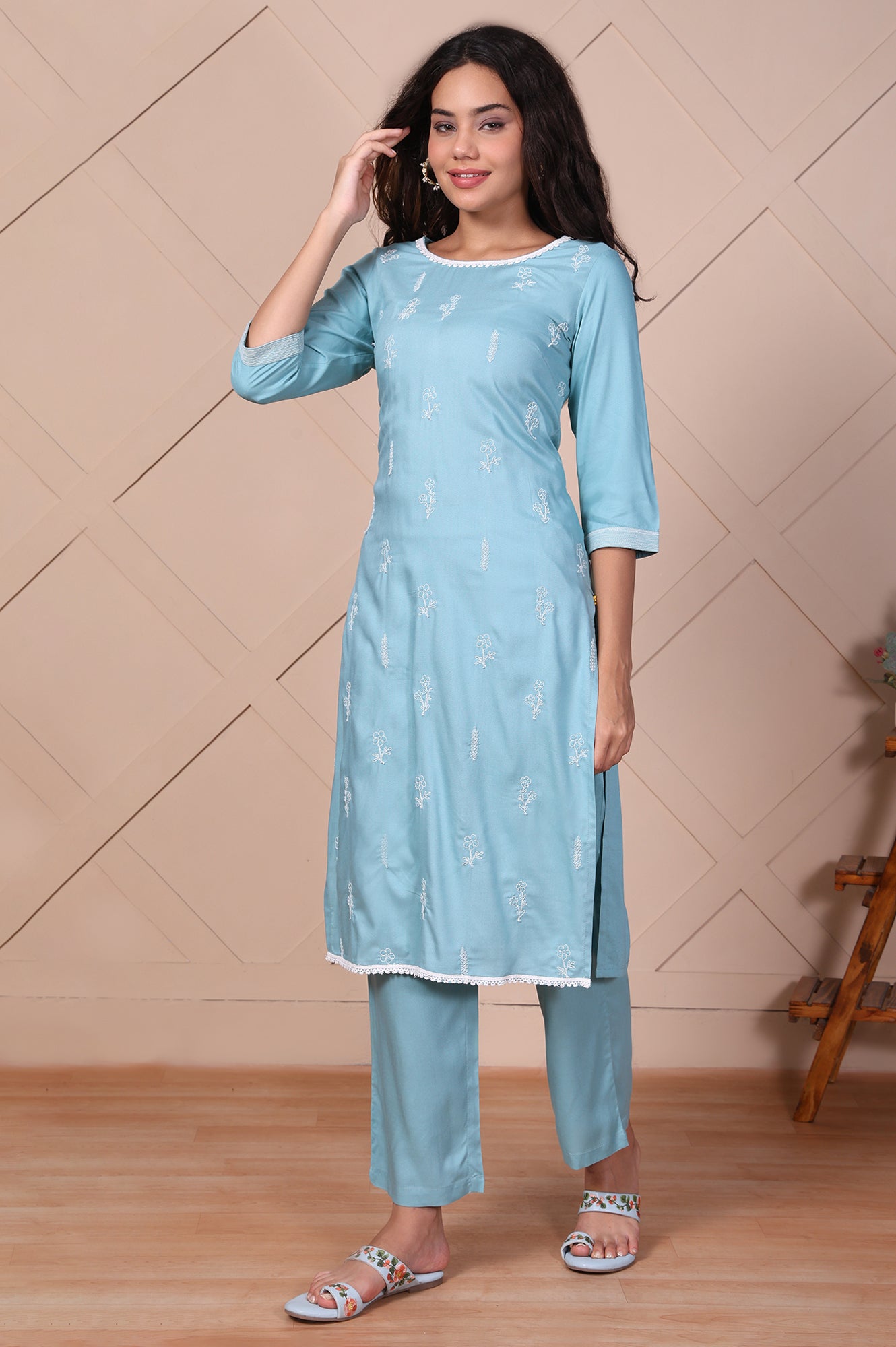 Blue Embroidered Straight Rayon Kurta with Trouser Set