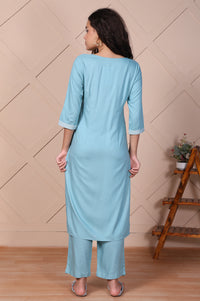 Blue Embroidered Straight Rayon Kurta with Trouser Set