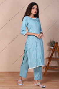 Blue Embroidered Straight Rayon Kurta with Trouser Set