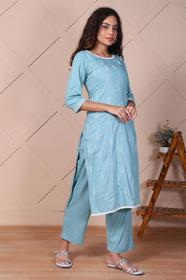 Blue Embroidered Straight Rayon Kurta with Trouser Set