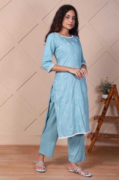 Blue Embroidered Straight Rayon Kurta with Trouser Set