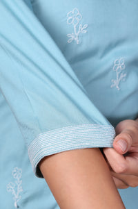 Blue Embroidered Straight Rayon Kurta with Trouser Set