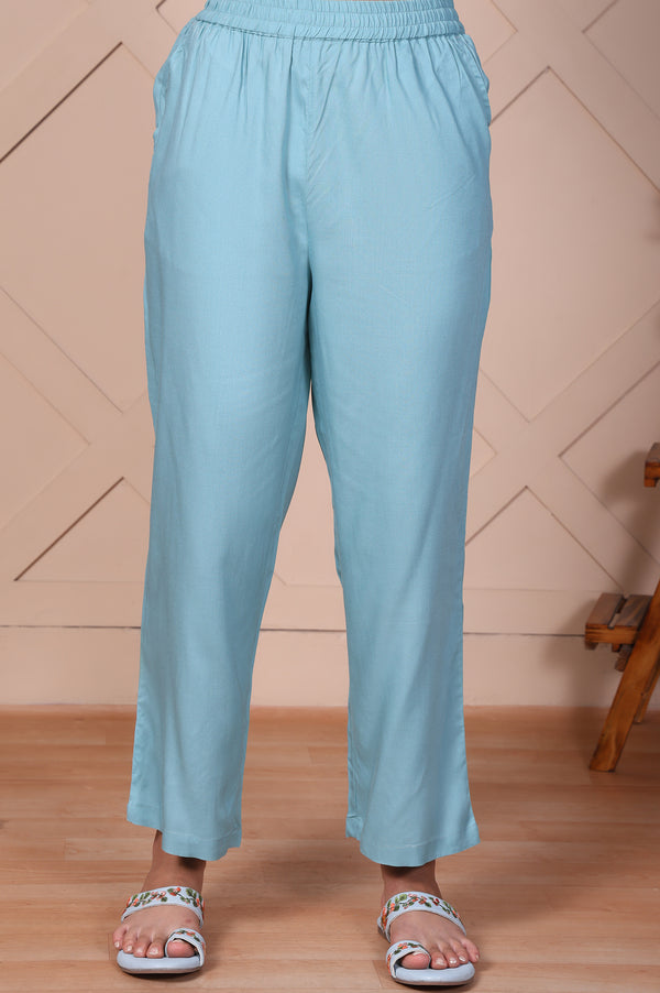 Blue Embroidered Straight Rayon Kurta with Trouser Set