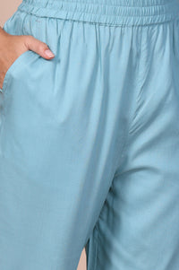 Blue Embroidered Straight Rayon Kurta with Trouser Set