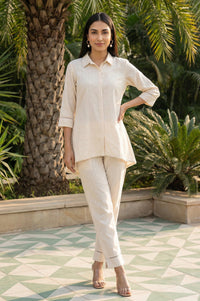 Beige Embroidered Lace Trim Cotton Blend A-line Top with Palazzo Co-ord Set