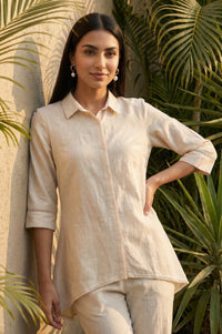 Beige Embroidered Lace Trim Cotton Blend A-line Top with Palazzo Co-ord Set