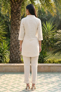 Beige Embroidered Lace Trim Cotton Blend A-line Top with Palazzo Co-ord Set