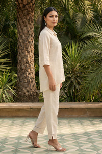 Beige Embroidered Lace Trim Cotton Blend A-line Top with Palazzo Co-ord Set