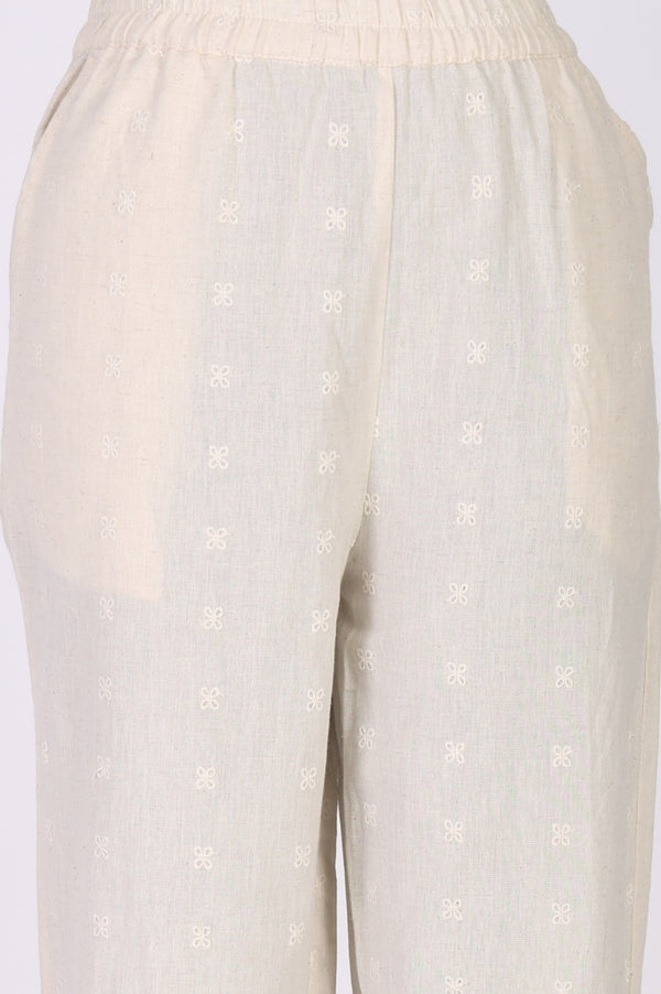 Beige Embroidered Lace Trim Cotton Blend A-line Top with Palazzo Co-ord Set