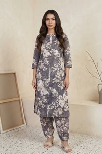 Grey Floral Printed Cotton Blend Straight Kurta with Salwar Co-ord Set