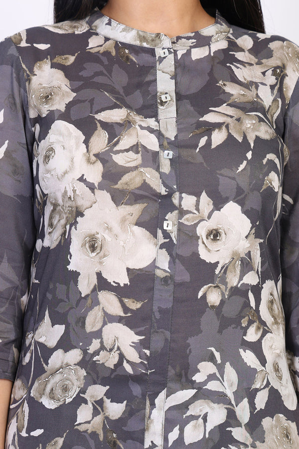 Grey Floral Printed Cotton Blend Straight Kurta with Salwar Co-ord Set