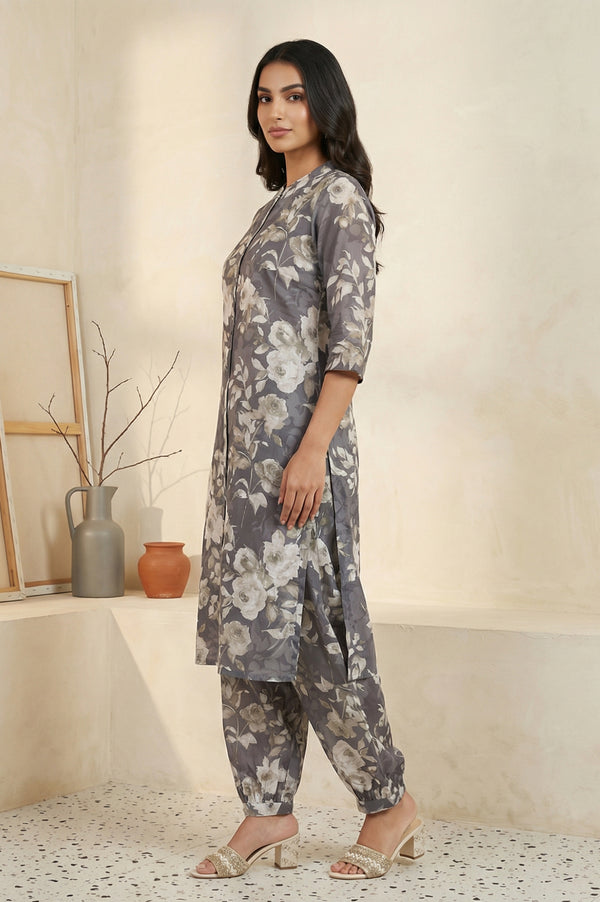 Grey Floral Printed Cotton Blend Straight Kurta with Salwar Co-ord Set