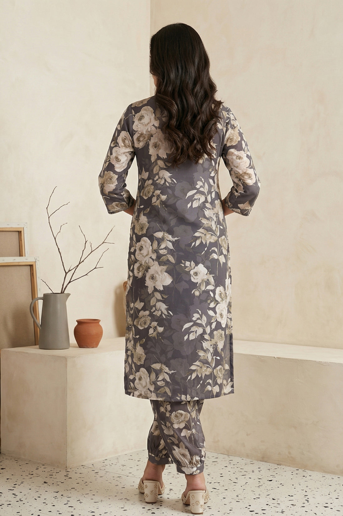 Grey Floral Printed Cotton Blend Straight Kurta with Salwar Co-ord Set