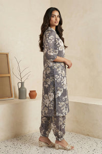 Grey Floral Printed Cotton Blend Straight Kurta with Salwar Co-ord Set