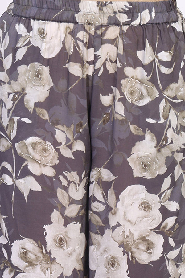 Grey Floral Printed Cotton Blend Straight Kurta with Salwar Co-ord Set