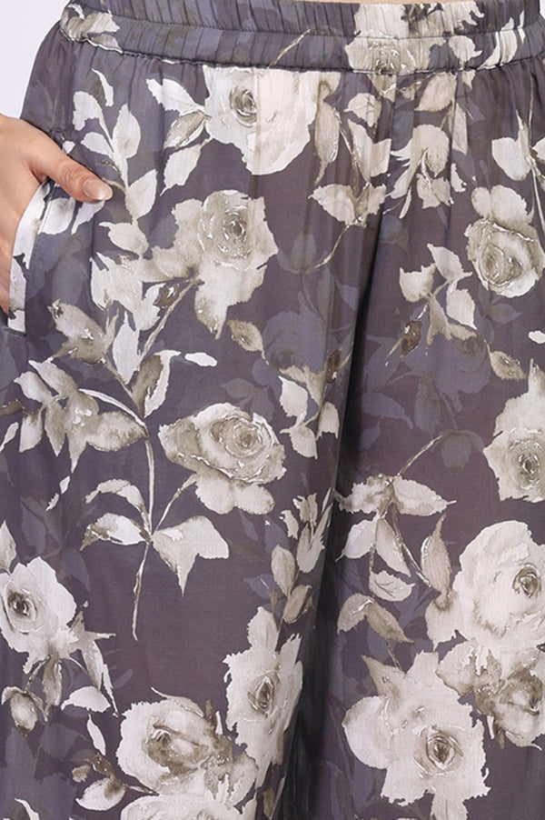 Grey Floral Printed Cotton Blend Straight Kurta with Salwar Co-ord Set