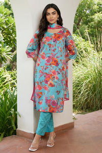 Teal Floral Printed Straight Kurta with Palazzo and Stole Set
