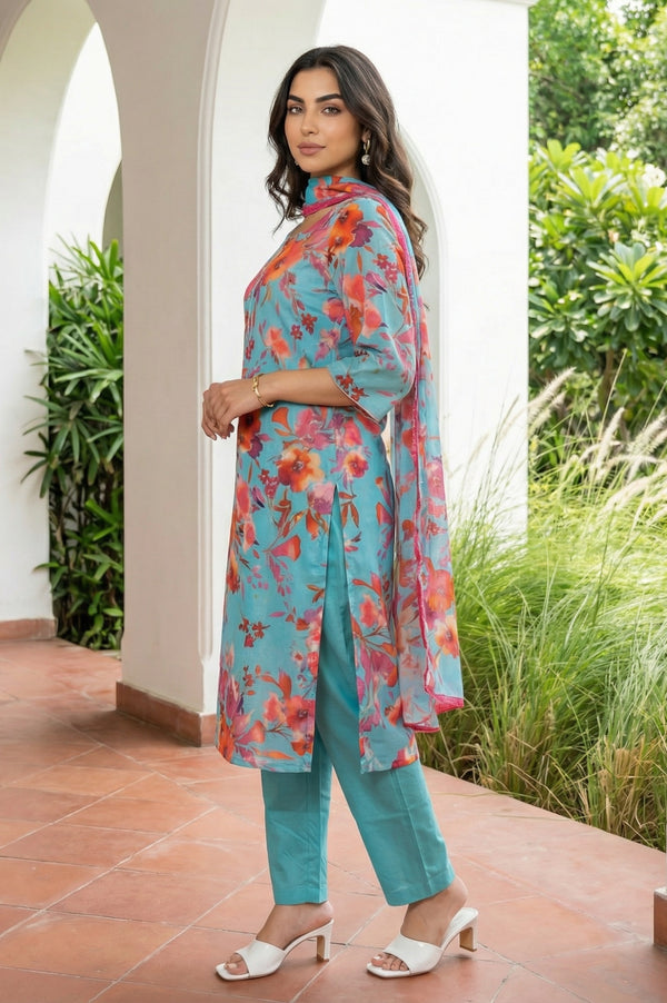 Teal Floral Printed Straight Kurta with Palazzo and Stole Set