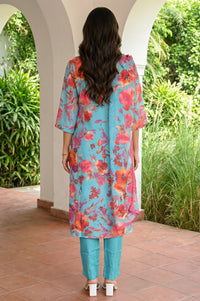 Teal Floral Printed Straight Kurta with Palazzo and Stole Set