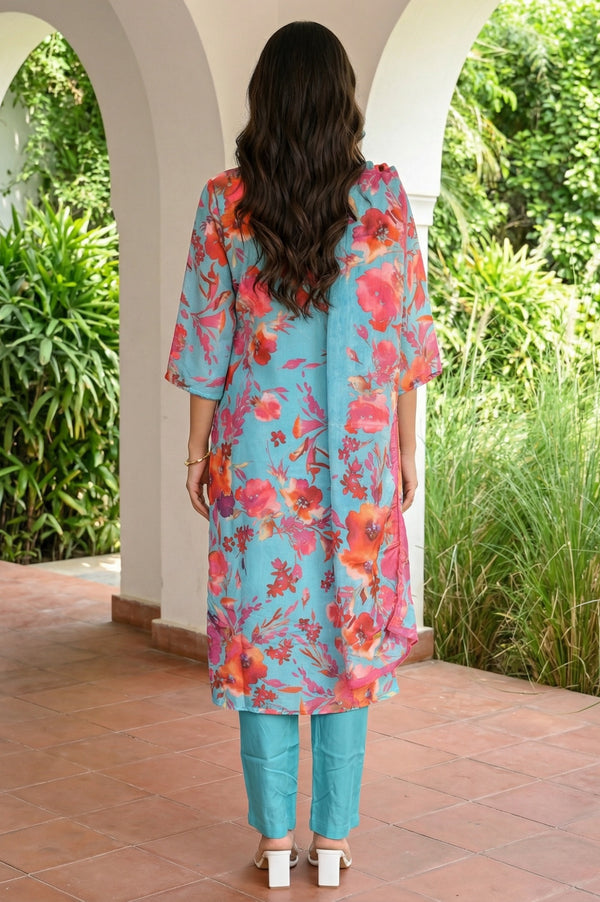 Teal Floral Printed Straight Kurta with Palazzo and Stole Set