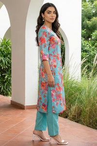 Teal Floral Printed Straight Kurta with Palazzo and Stole Set