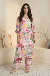 Pink Floral Print Cotton Blend Straight Kurta with Palazzo Co-ord Set