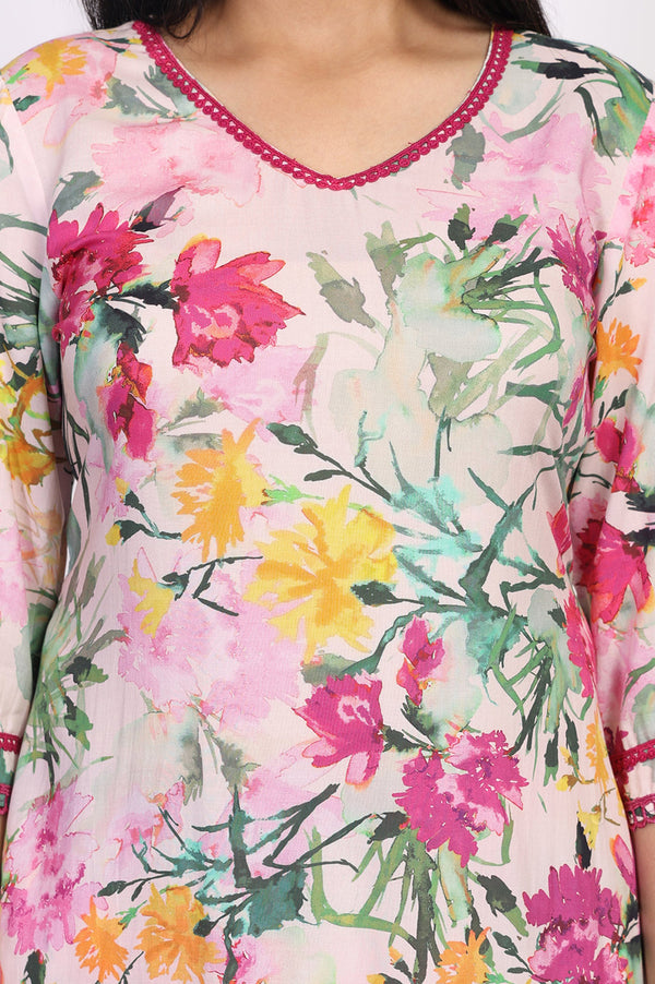 Pink Floral Print Cotton Blend Straight Kurta with Palazzo Co-ord Set