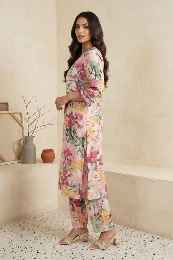 Pink Floral Print Cotton Blend Straight Kurta with Palazzo Co-ord Set