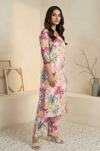Pink Floral Print Cotton Blend Straight Kurta with Palazzo Co-ord Set
