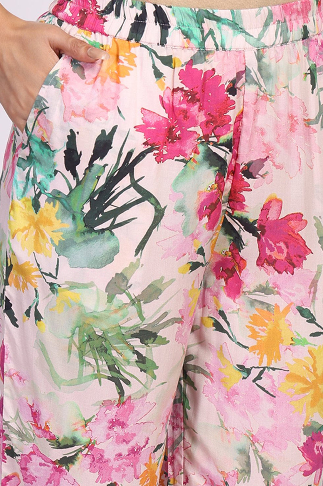 Pink Floral Print Cotton Blend Straight Kurta with Palazzo Co-ord Set
