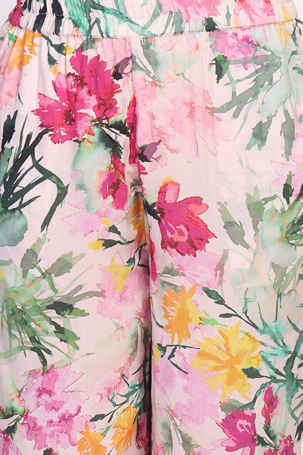 Pink Floral Print Cotton Blend Straight Kurta with Palazzo Co-ord Set