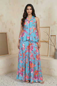 Blue Floral Printed Cotton Blend Flared Top with Palazzo Co-ord Set