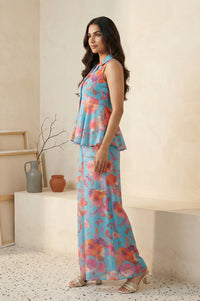 Blue Floral Printed Cotton Blend Flared Top with Palazzo Co-ord Set