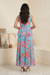 Blue Floral Printed Cotton Blend Flared Top with Palazzo Co-ord Set