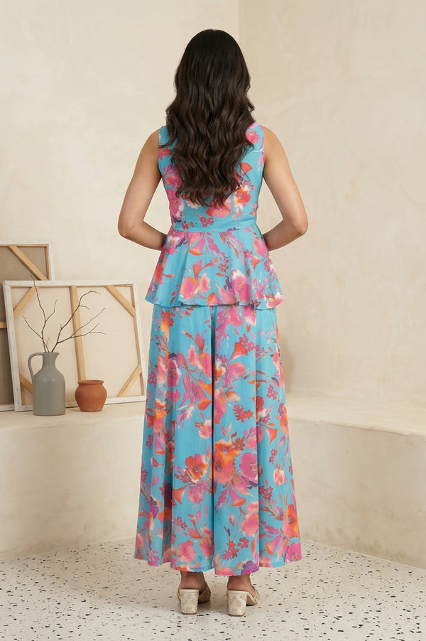 Blue Floral Printed Cotton Blend Flared Top with Palazzo Co-ord Set
