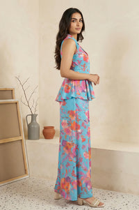 Blue Floral Printed Cotton Blend Flared Top with Palazzo Co-ord Set