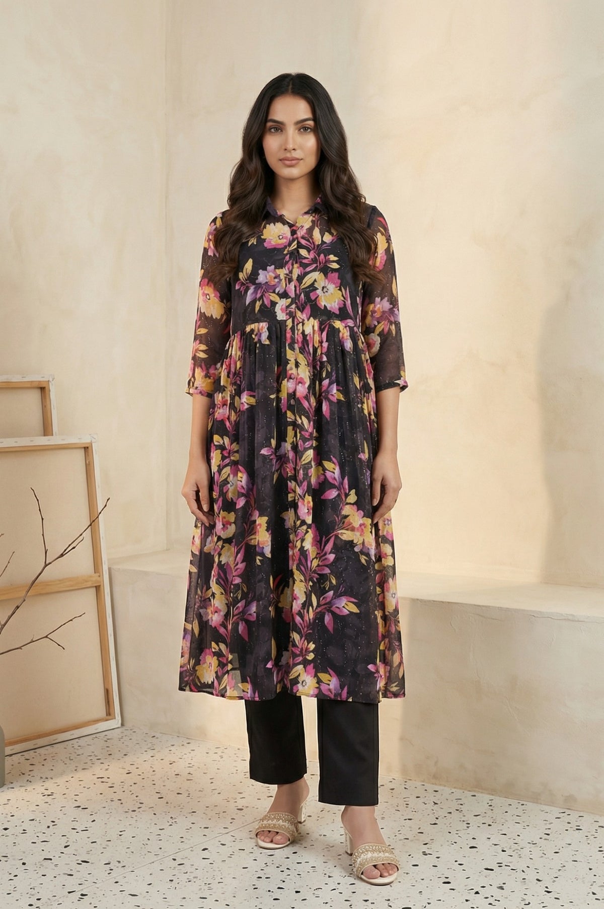 Black Floral Printed Flared Kurta with Gillet and Trouser Set - S