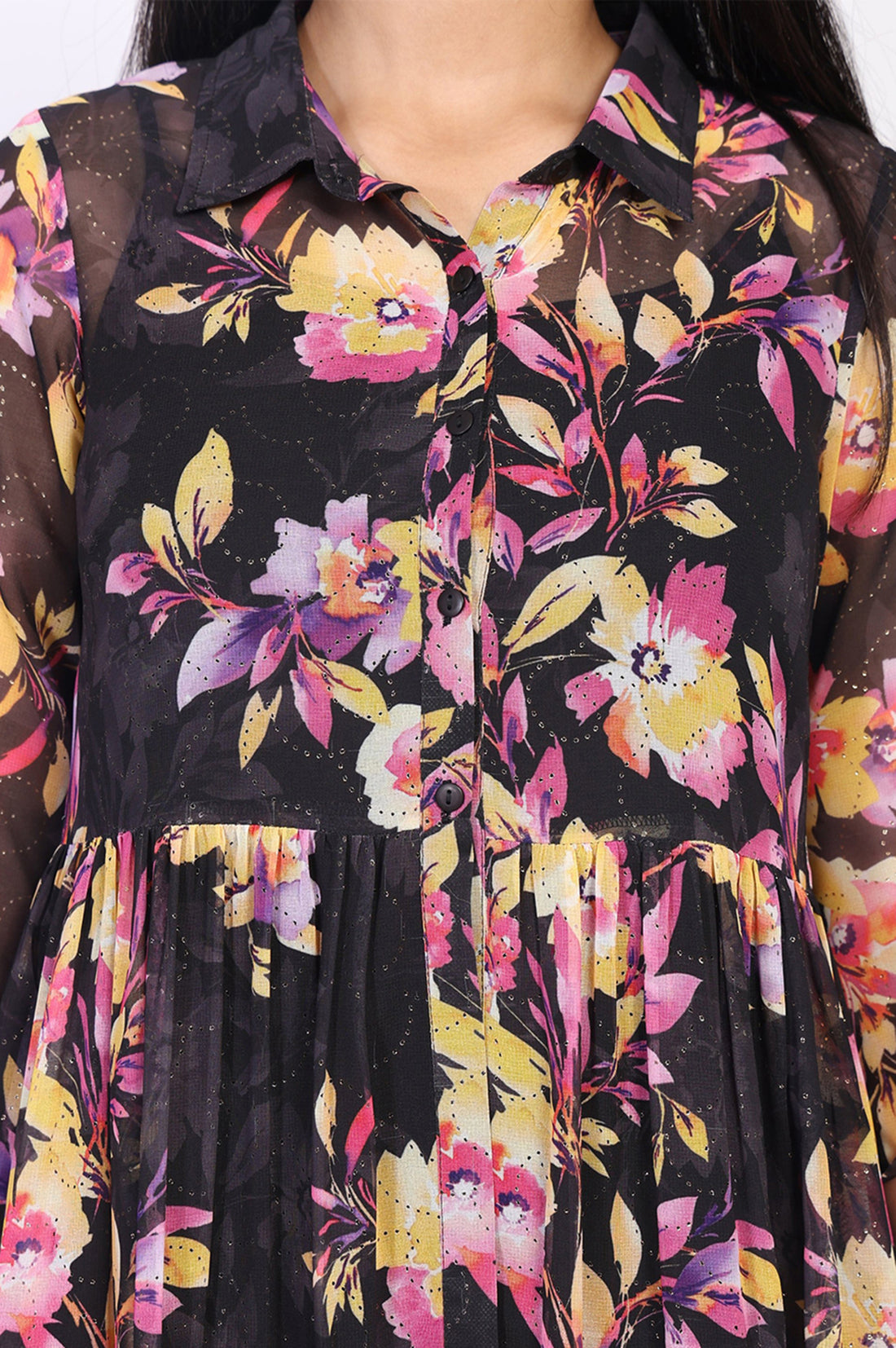 Black Floral Printed Flared Kurta with Gillet and Trouser Set