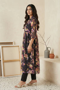 Black Floral Printed Flared Kurta with Gillet and Trouser Set