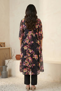 Black Floral Printed Flared Kurta with Gillet and Trouser Set