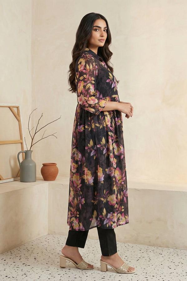 Black Floral Printed Flared Kurta with Gillet and Trouser Set