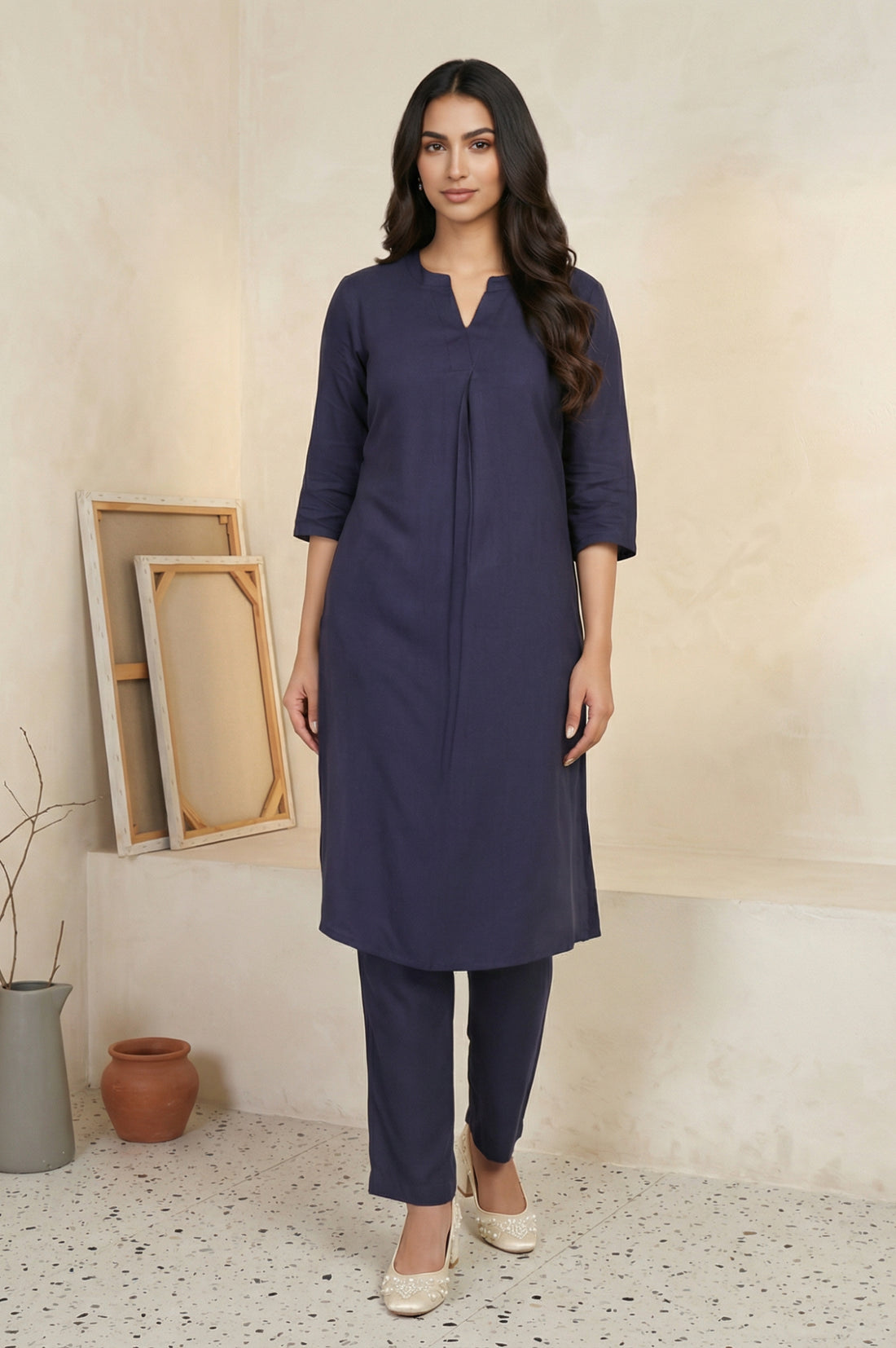 Navy Blue Solid Straight Kurta with Trouser Set