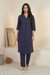 Navy Blue Solid Straight Kurta with Trouser Set