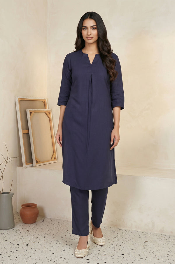 Navy Blue Solid Straight Kurta with Trouser Set